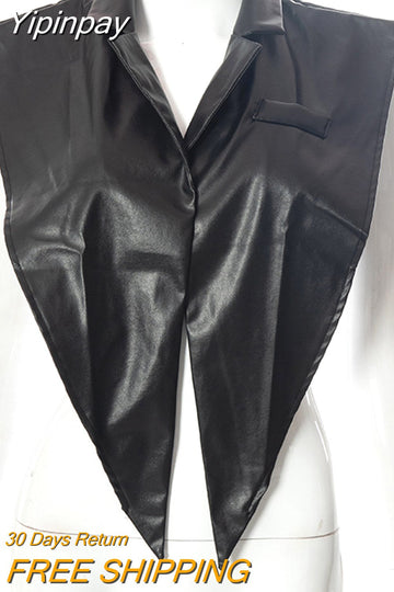 Yipinpay Women Notched Collar Faux Leather PU Tank Tops Ladies Sexy Sleeveless Shawl Vest 2023 Fall Harajuku Lolita Clothing